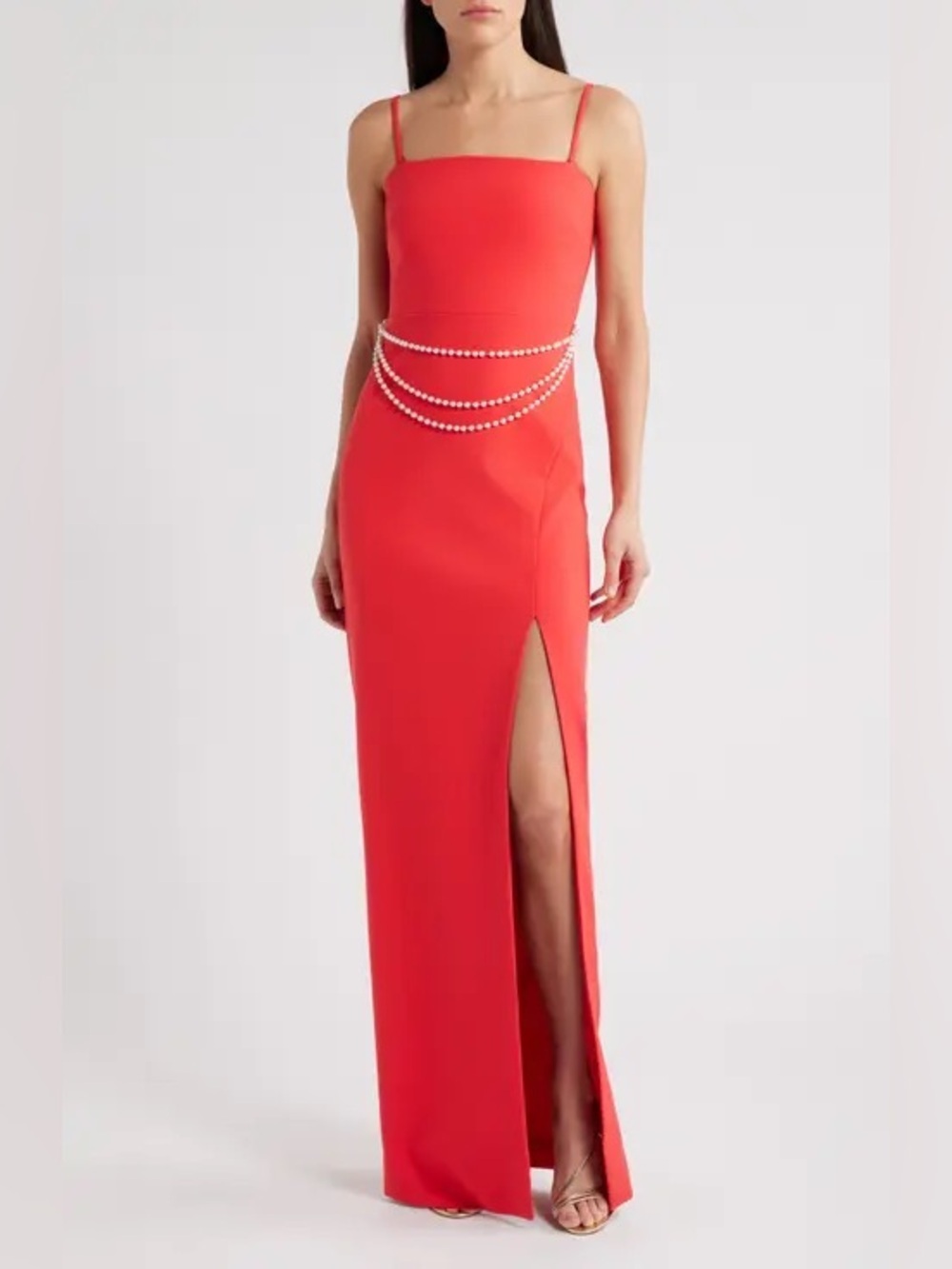 LIKELY Josie Faux Pearl Belt Detail Column Gown